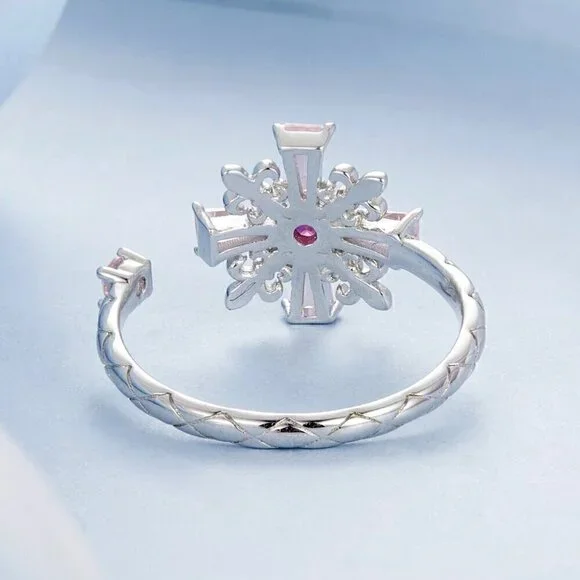 NWT S925 Sterling Silver Pink CZ Cross Fleur-De-Lis Design Open Adjustable Ring - Picture 7 of 12